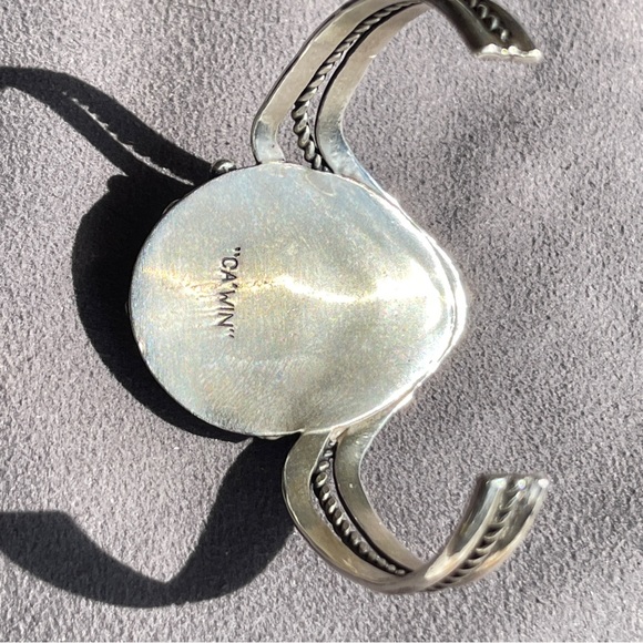 SOLD Jimmy F. Calabaza Signed Turquoise Sterling Silver Butterfly Kewa Bracelet - Picture 8 of 13